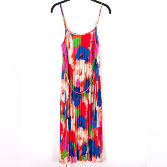 NWT Sam Edelman Women’s Midi Dress Retro Floral Plisse Bright Colorful LARGE - Picture 4 of 12